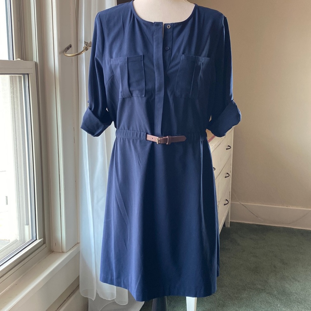 Skies Are Blue navy elastic waist faux belt button front shift modest dress med